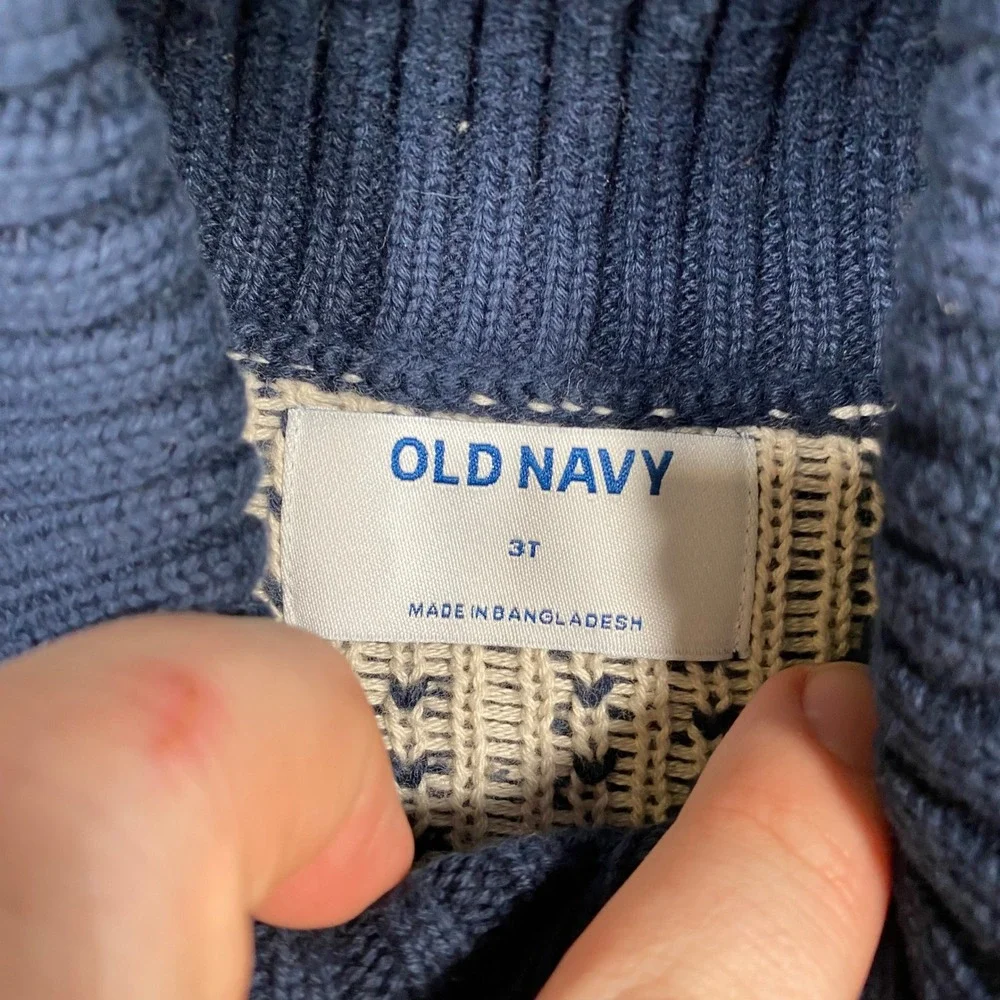 Old Navy Kids Boys Girls 3T Blue‎ Bear Tree Fair Isle Shawl Collar Sweater